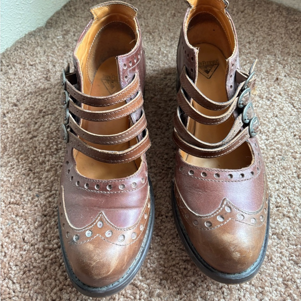 John Fluevog Brown Leather Women's Loafers with Triple Buckle